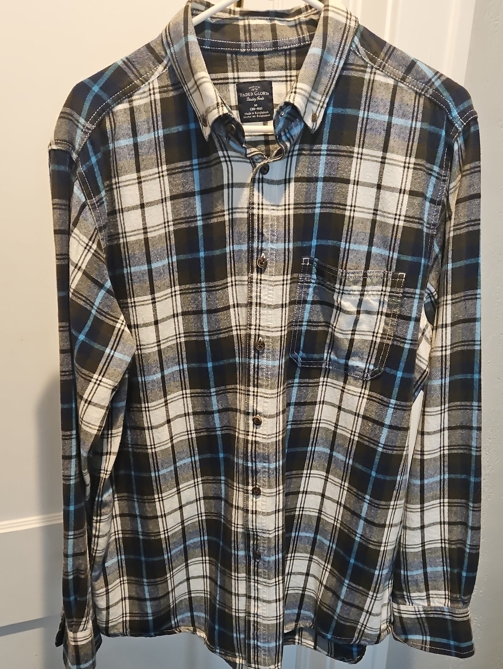 Faded Glory Men's Black, White & Blue Plaid Button-Down Shirt